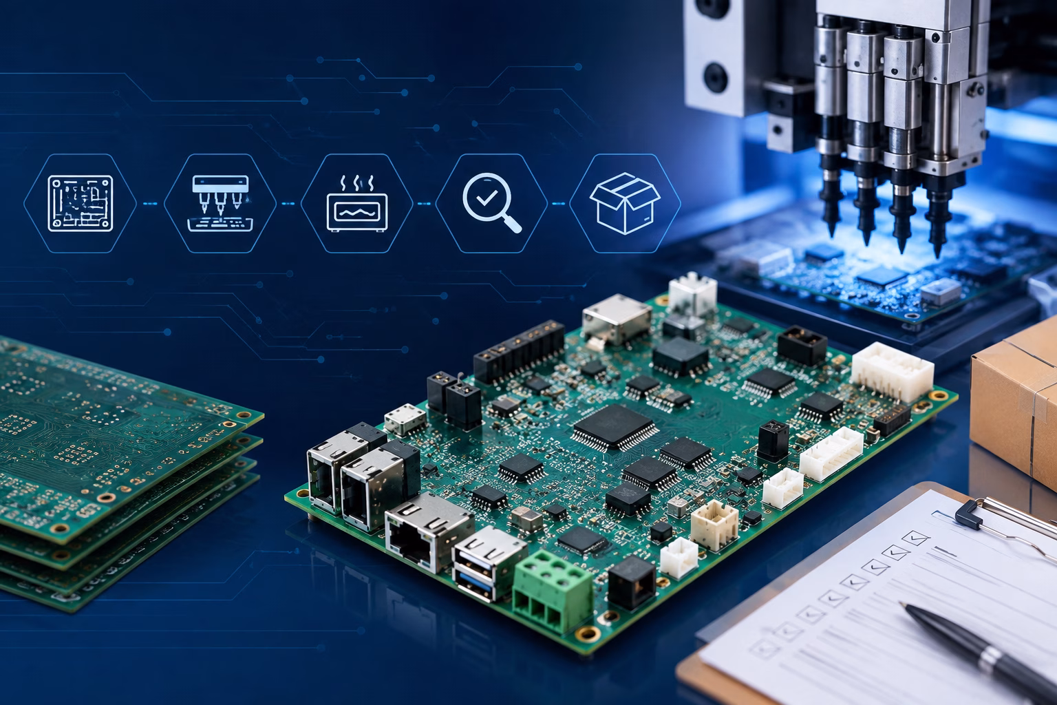 Automation and PCB assembly in an electronics manufacturing lab, with green circuit boards and a robotic soldering head overhead.