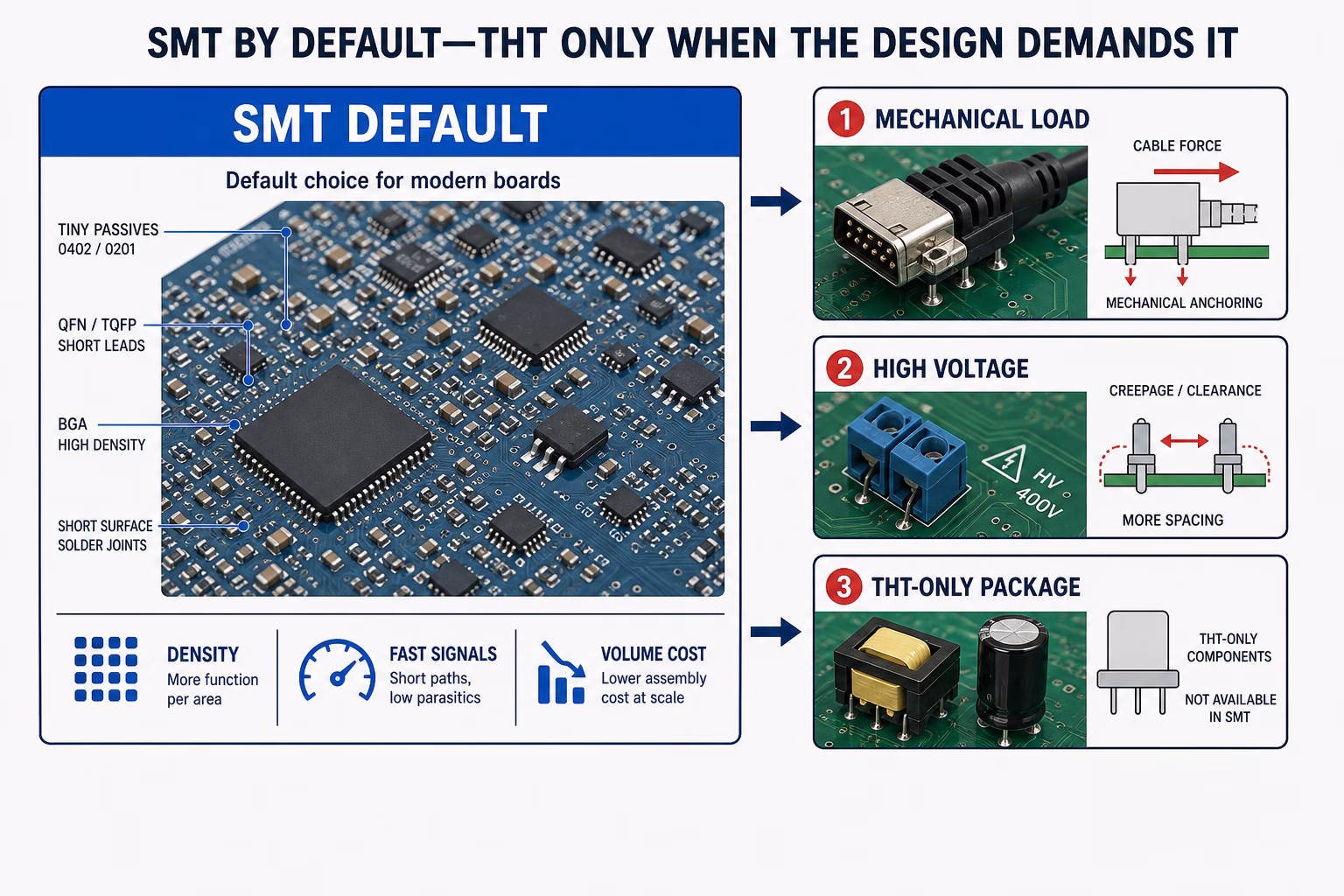 Infographic showing SMT DEFAULT on a blue PCB with three right-side panels: mechanical load, high voltage, and THt‑only package.