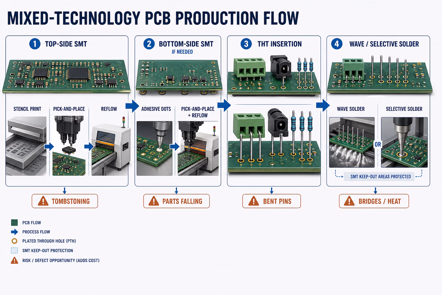 Infographic of mixed-technology PCB production flow showing SMT, THT insertion, and wave soldering with quality risk icons (tombstoning, bent pins, bridges/heat) across four stages: top-side SMT, bottom-side SMT, THT insertion, and wave/ selective soldering. Includes sub-steps like stencil print, pick-and-place, reflow, adhesive dots, and pick-and-place with reflow; SMT keep-out protection illustrated.