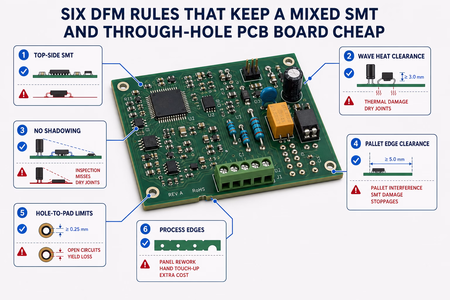 Infographic outlining six DFM rules to keep a mixed SMT and through-hole PCB cheap, with labeled panels and icons around a PCB image.