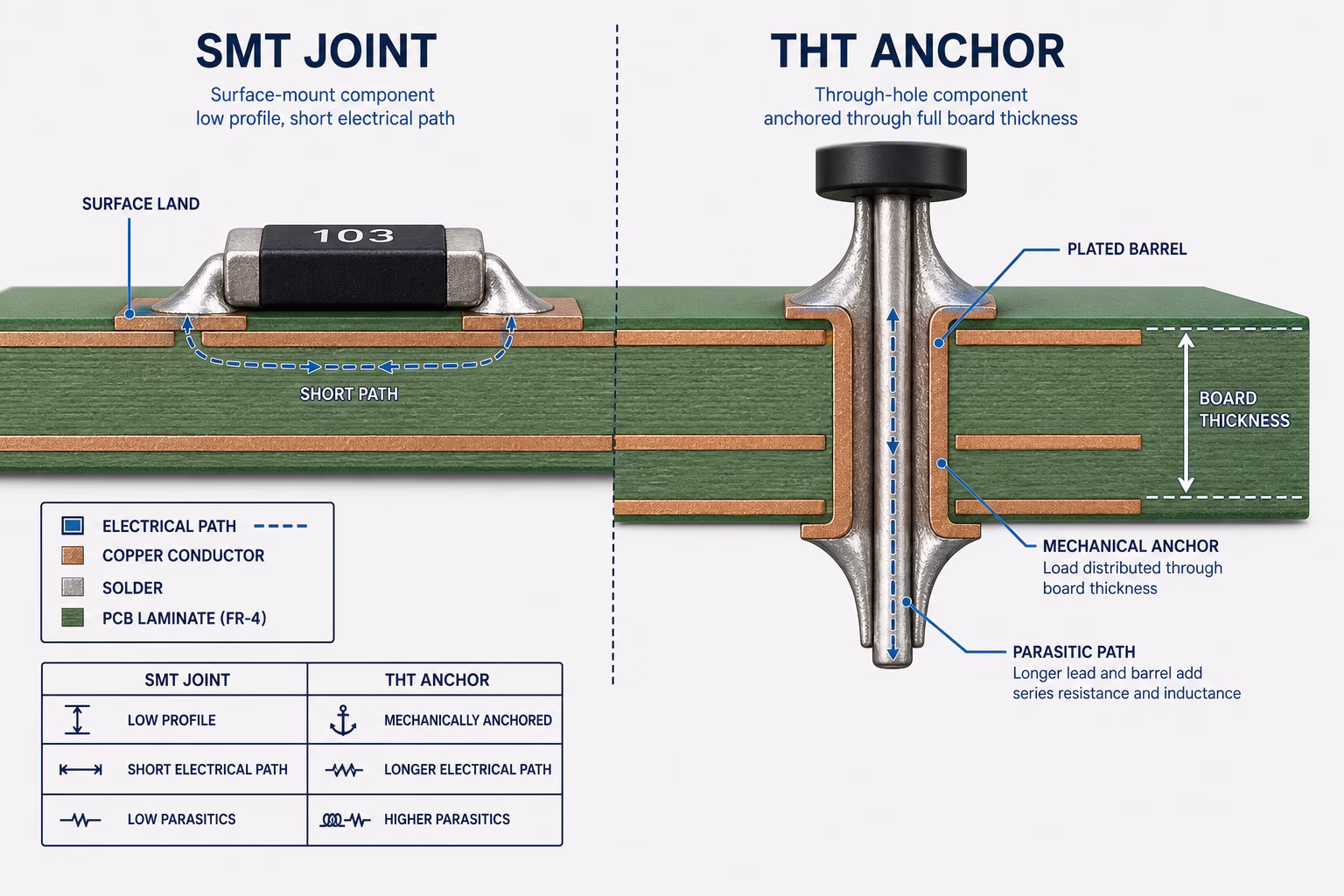 Cross‑section diagram comparing SMT joint and THt anchor, showing PCB layers, surface land, short electrical path, and a through‑hole anchor with plated barrel and mechanical anchor.
