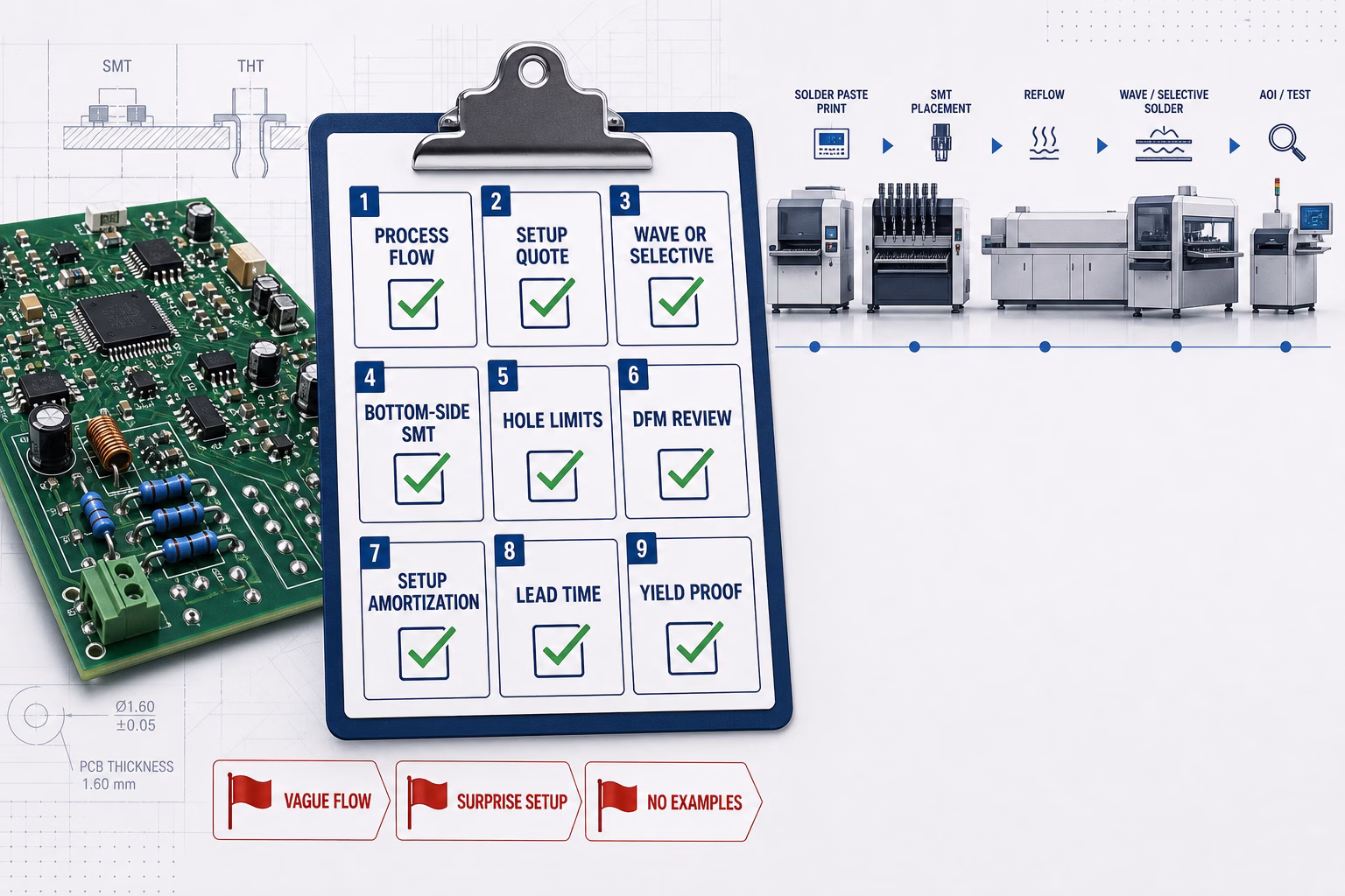 Clipboard with a nine-step process checklist and green checks, set against a PCB and electronics manufacturing line background.