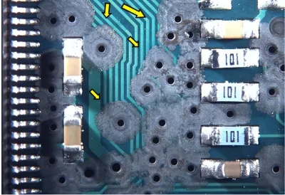 PCB corrosion | printed circuit board | solder mask | corroded PCB