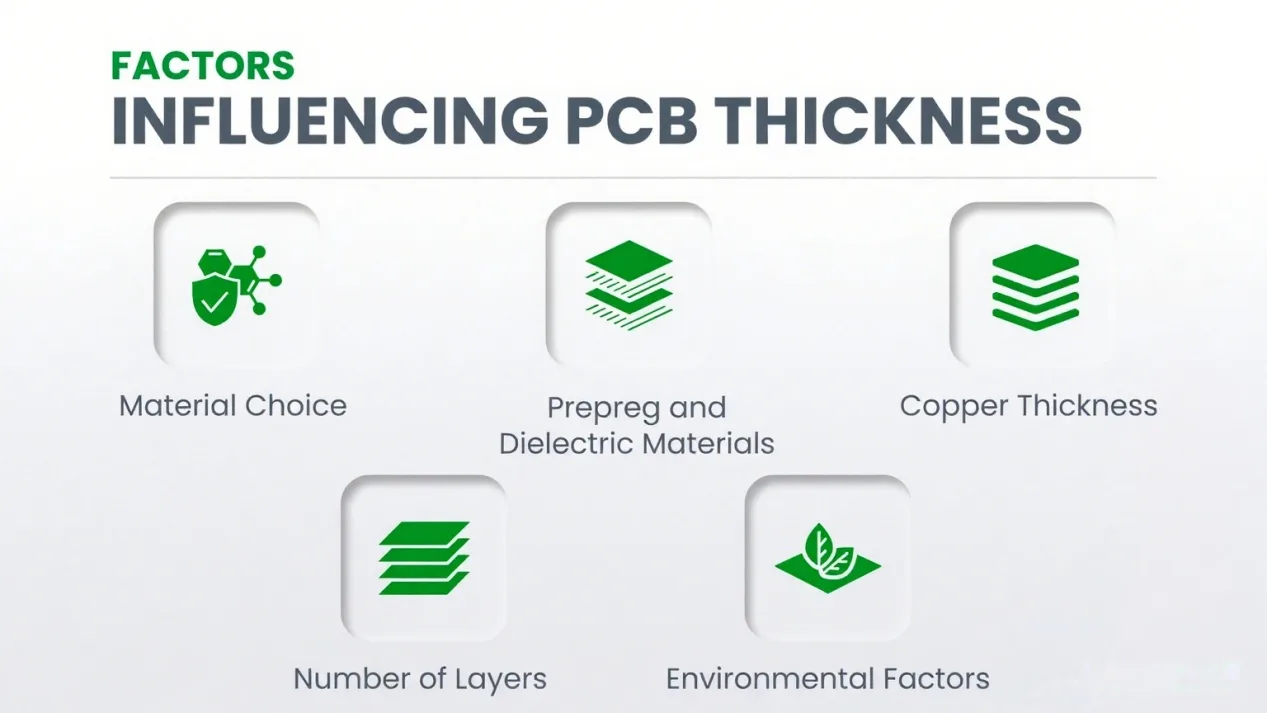 Factors influencing standard PCB thickness including material choice, copper thickness, prepreg, dielectric materials, number of layers, and environment