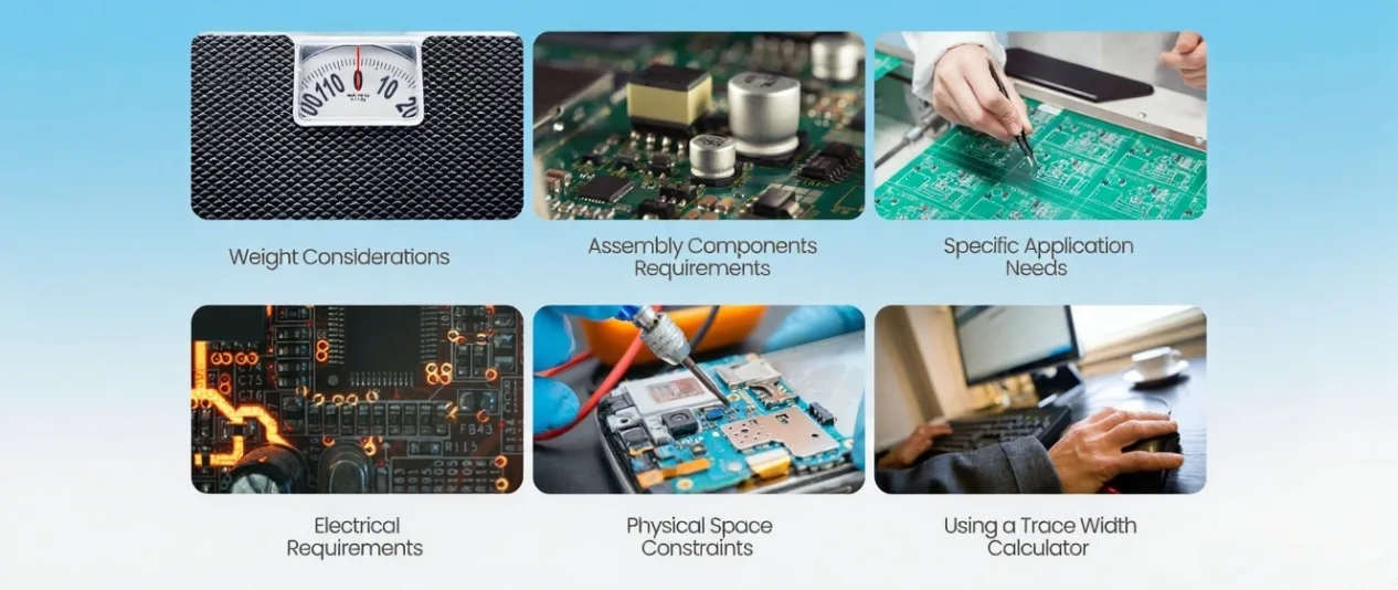 Considerations for choosing the right standard PCB thickness including weight, assembly components, electrical requirements, space constraints, and applications