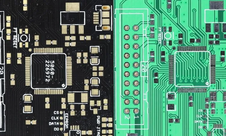 A side-by-side comparison of two circuit boards with different surface finishes.
