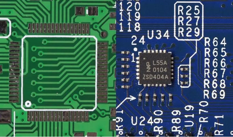 A split image of a green and a blue printed circuit board.