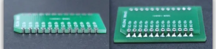 A side-by-side view of a PCB with notched holes.