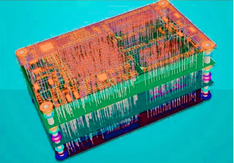 3D rendered decomposition view of a multi layer PCB stackup