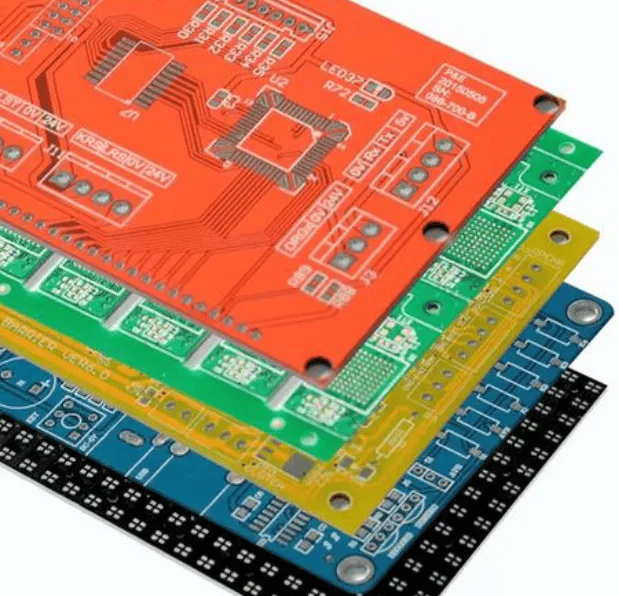 multiple colored PCB boards stacked together