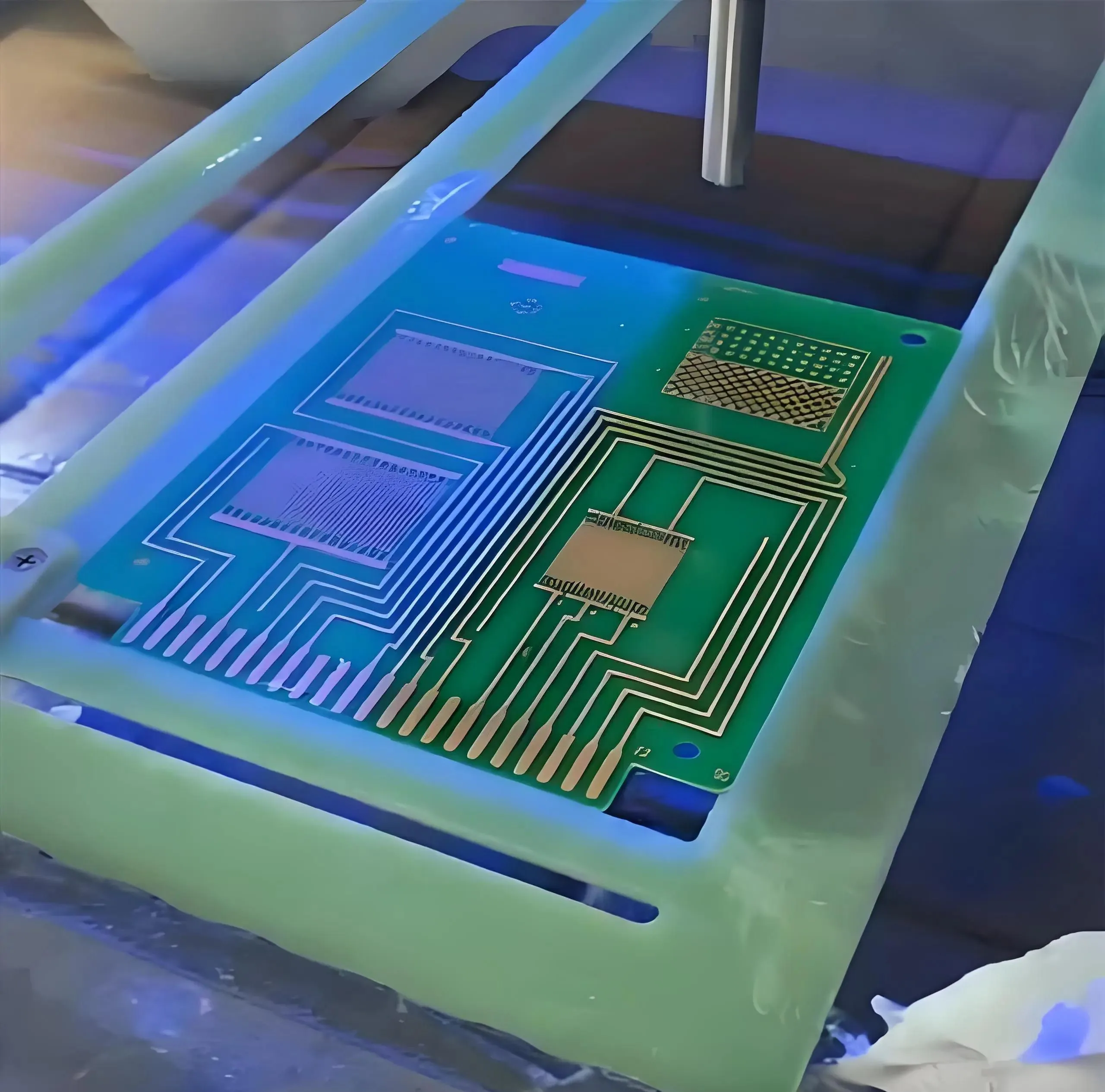 Green PCB under blue UV light