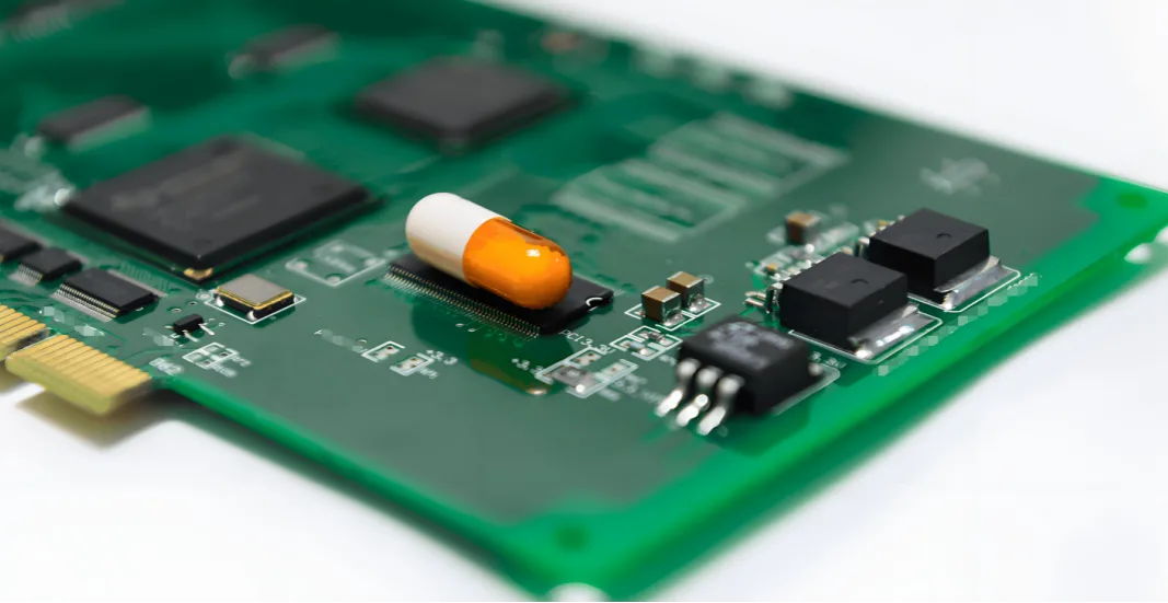 Orange and white capsule placed on a medical PCBA circuit board
