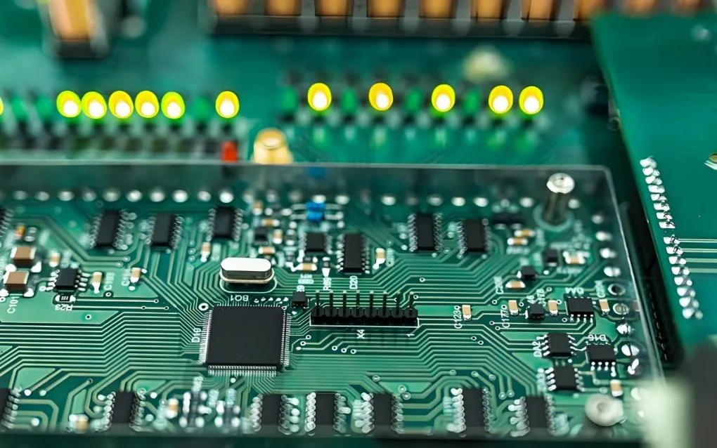 Close-up of a PCBA circuit board with indicator lights on