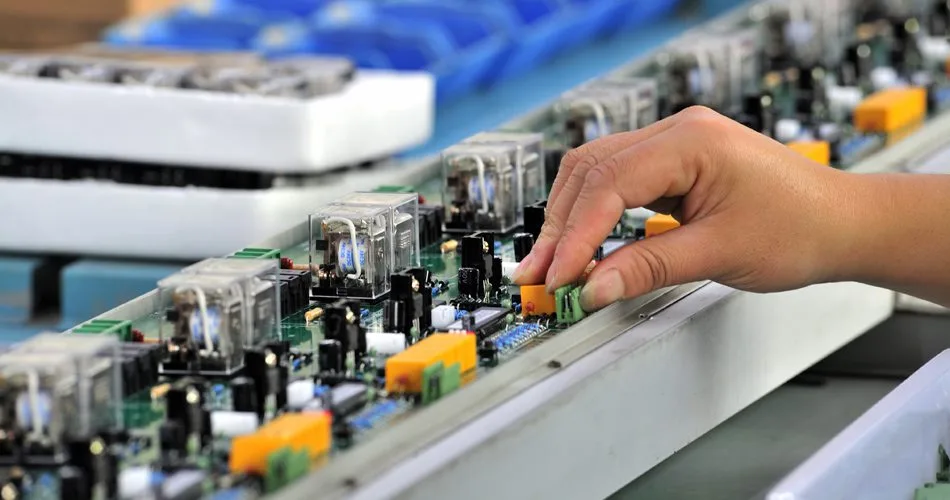 Workers are manually placing components on the PCBA production line.