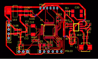 A CAD layout from PCB design software showing intricate traces