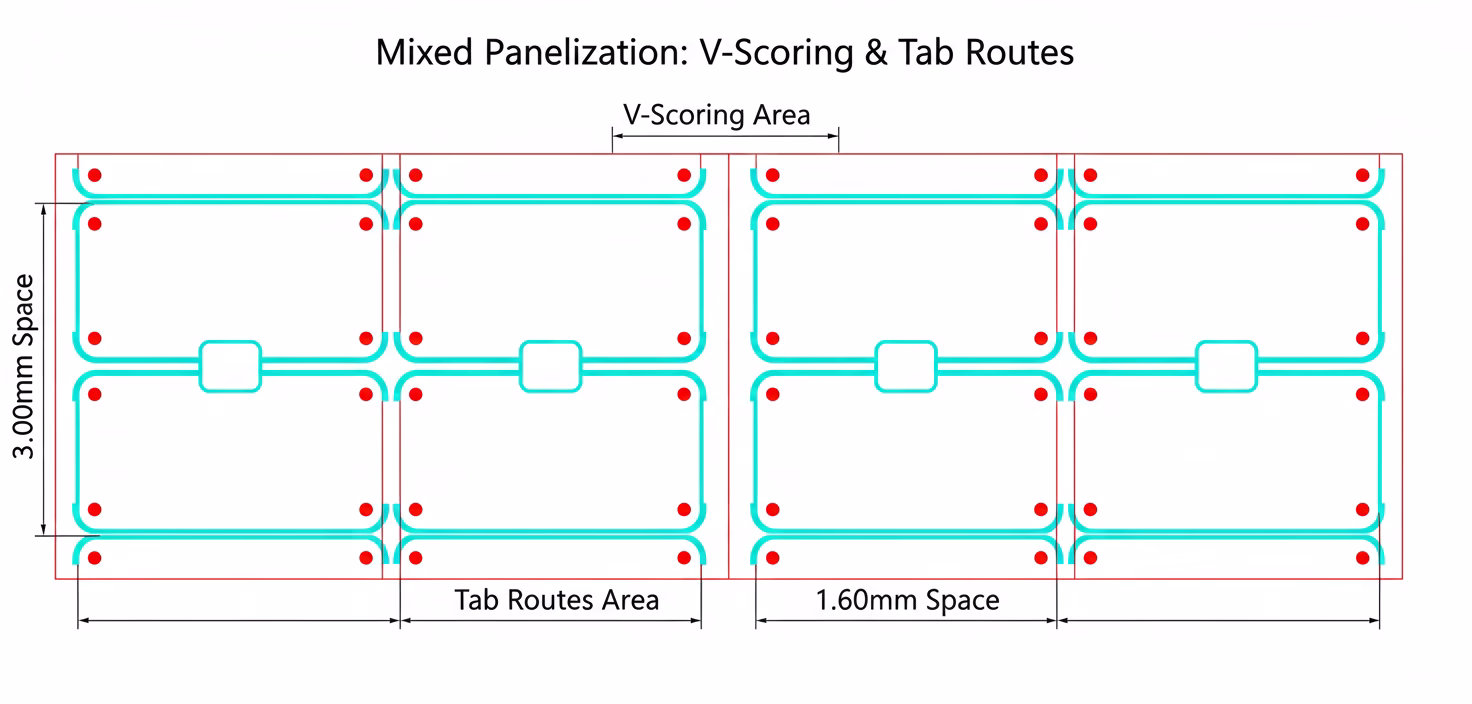 Panel with both V-scoring and tab routes – PCBAndAssembly Panel with both V-scoring and tab routes