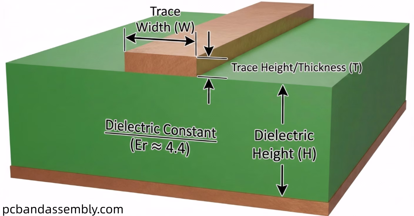 3D structural model of a microstrip PCB trace showing key impedance parameters