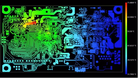 Printed circuit board thermal simulation map demonstrating thermal stability and Tg characteristics of dielectric materials.