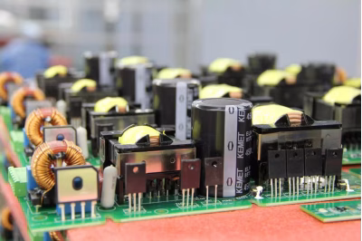 Batch of completed PCBAs with transformers and capacitors