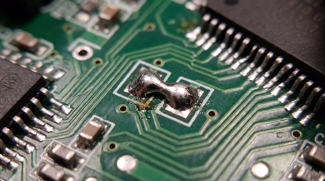 A solder bridge between two pads