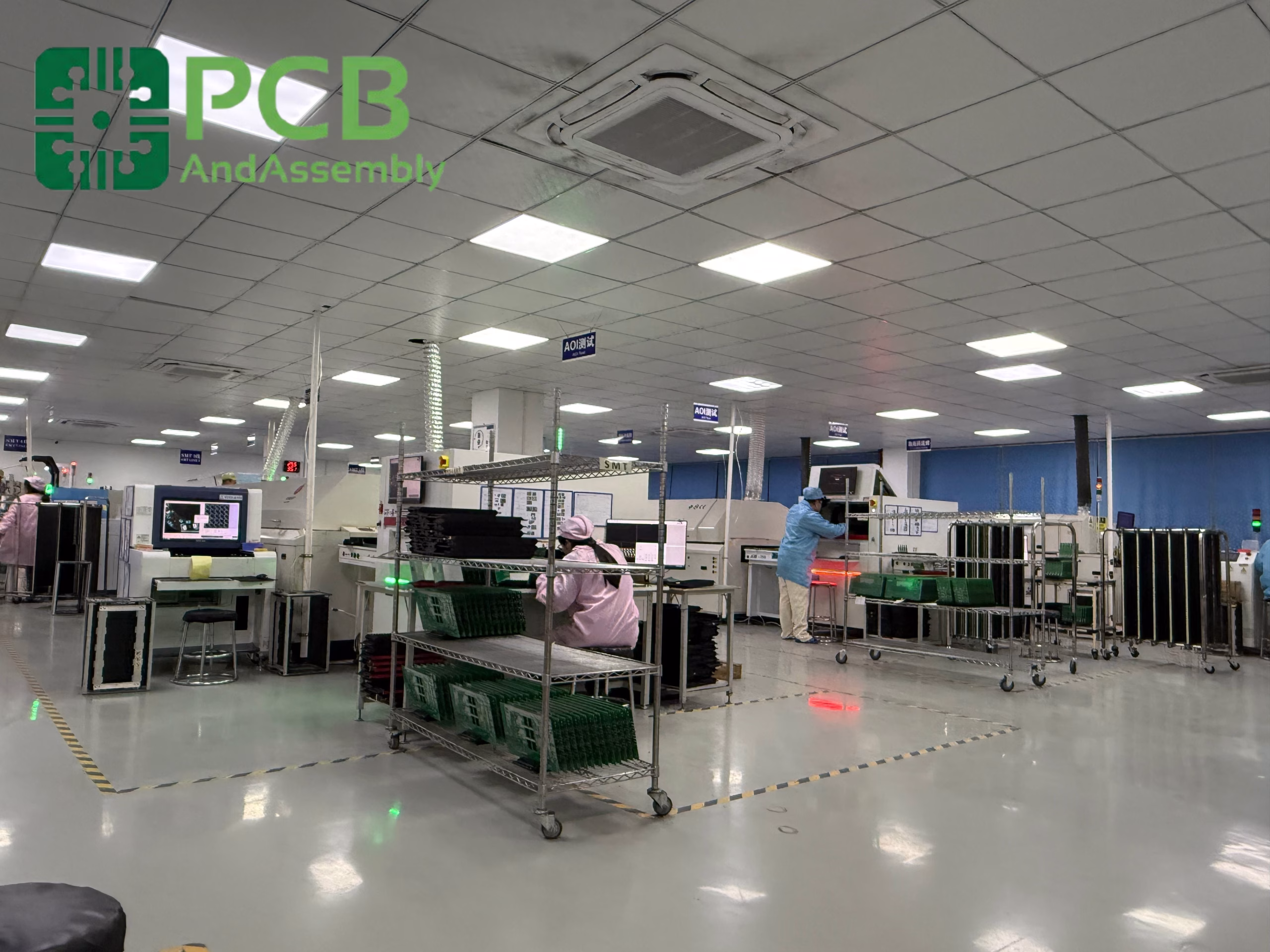 Industrial electronics assembly floor with workers at stations, racks of parts, and bright ceiling lights