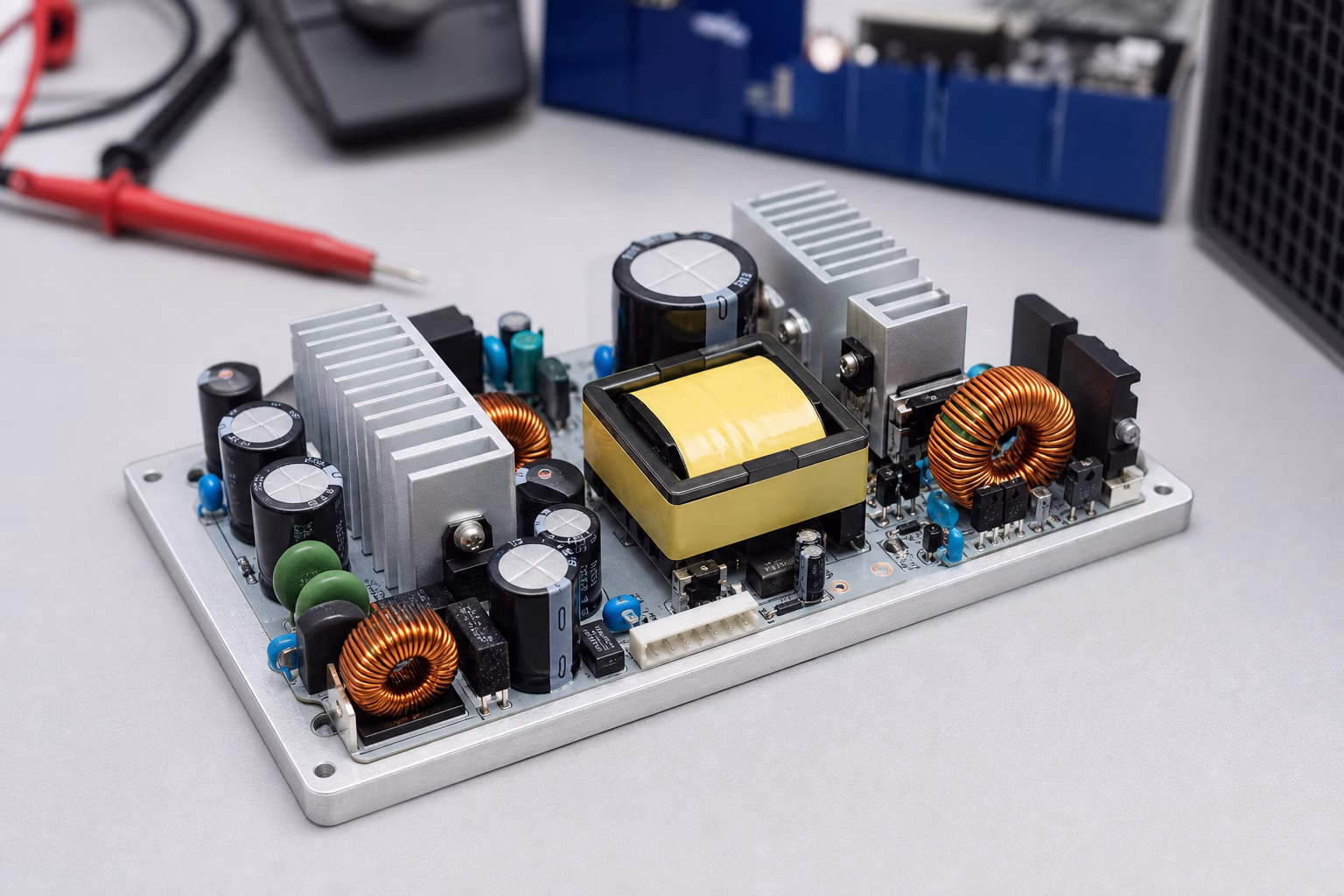 Power electronics circuit board with transformer, coils, capacitors, and heatsinks on a metal baseplate in a lab setting