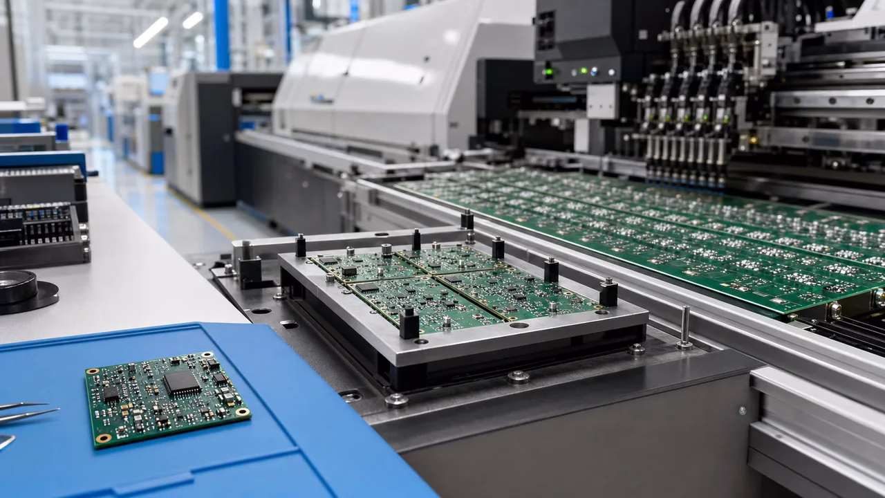 Prototype board, pilot fixture, and panelized SMT production line showing volume cost differences