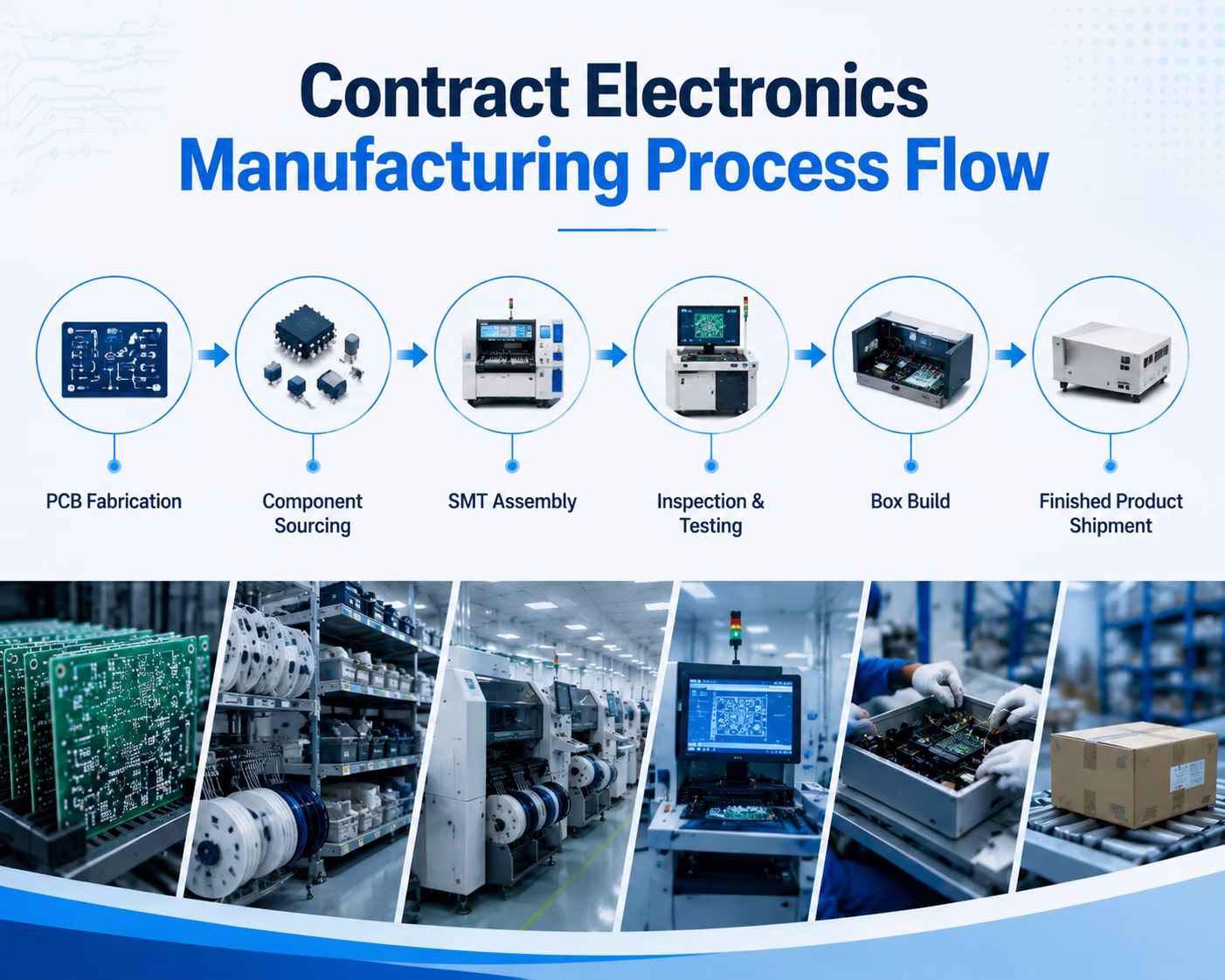 Infographic showing the contract electronics manufacturing process from PCB fabrication to finished product shipment, with six stages in circles and arrows.