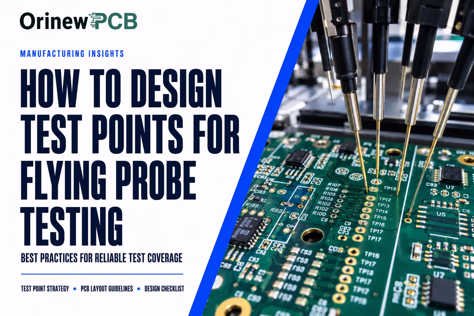 Cover image for Manufacturing Insights: 'How to Design Test Points for Flying Probe Testing' showing a PCB with testing probes on the right and blue diagonal stripe on the left