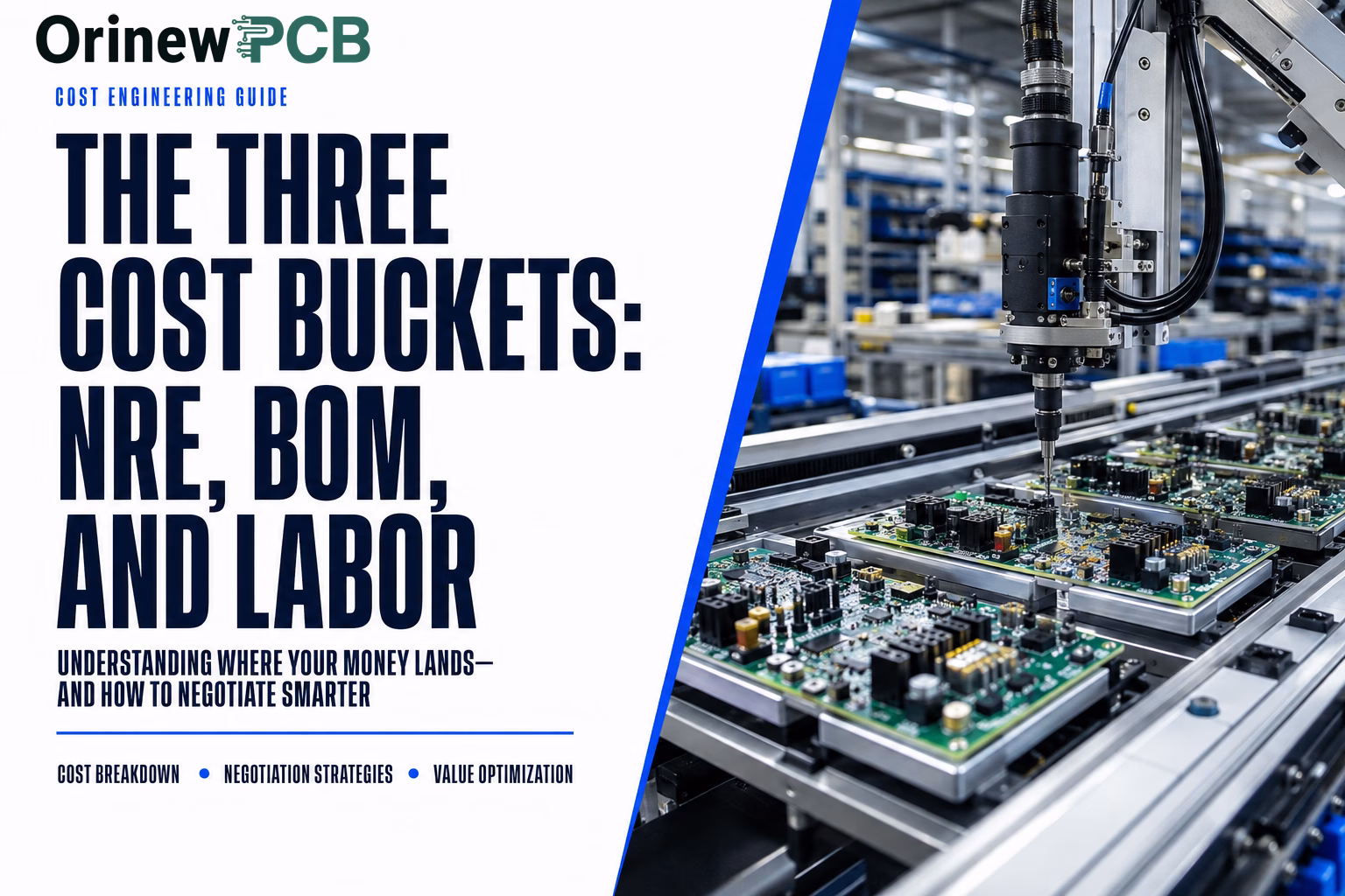 Cover image for a guide: bold title about cost buckets (NRE, BOM, labor) beside a PCB assembly robot on the right and the OrinewPCB branding on the left.