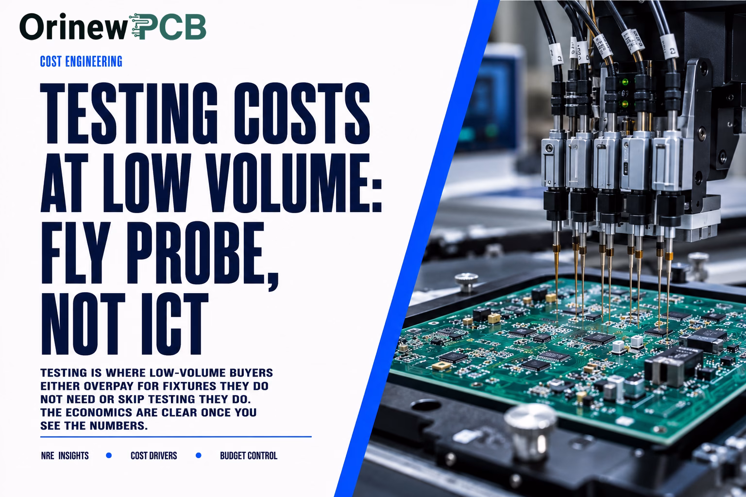 Banner for Orinew PCB about testing costs at low volume, with fly-probe/ICT message and robotic probes testing a PCB on the right side.