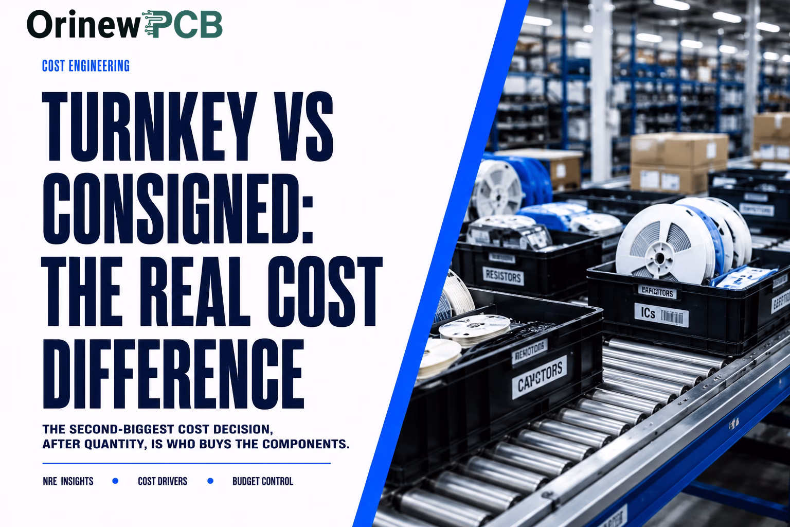 Headline image showing 'Turnkey vs Consigned: The Real Cost Difference' with the OrinewPCB logo, paired with a factory warehouse scene of spools and labeled component bins on a conveyor.