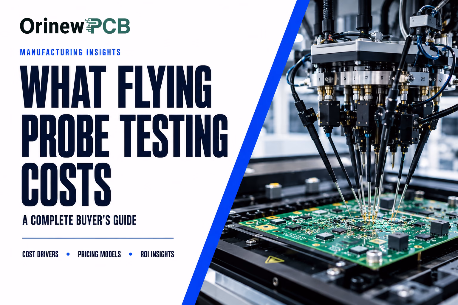 Industrial flying-probe tester over a PCB, with the headline 'What Flying Probe Testing Costs' on the left.