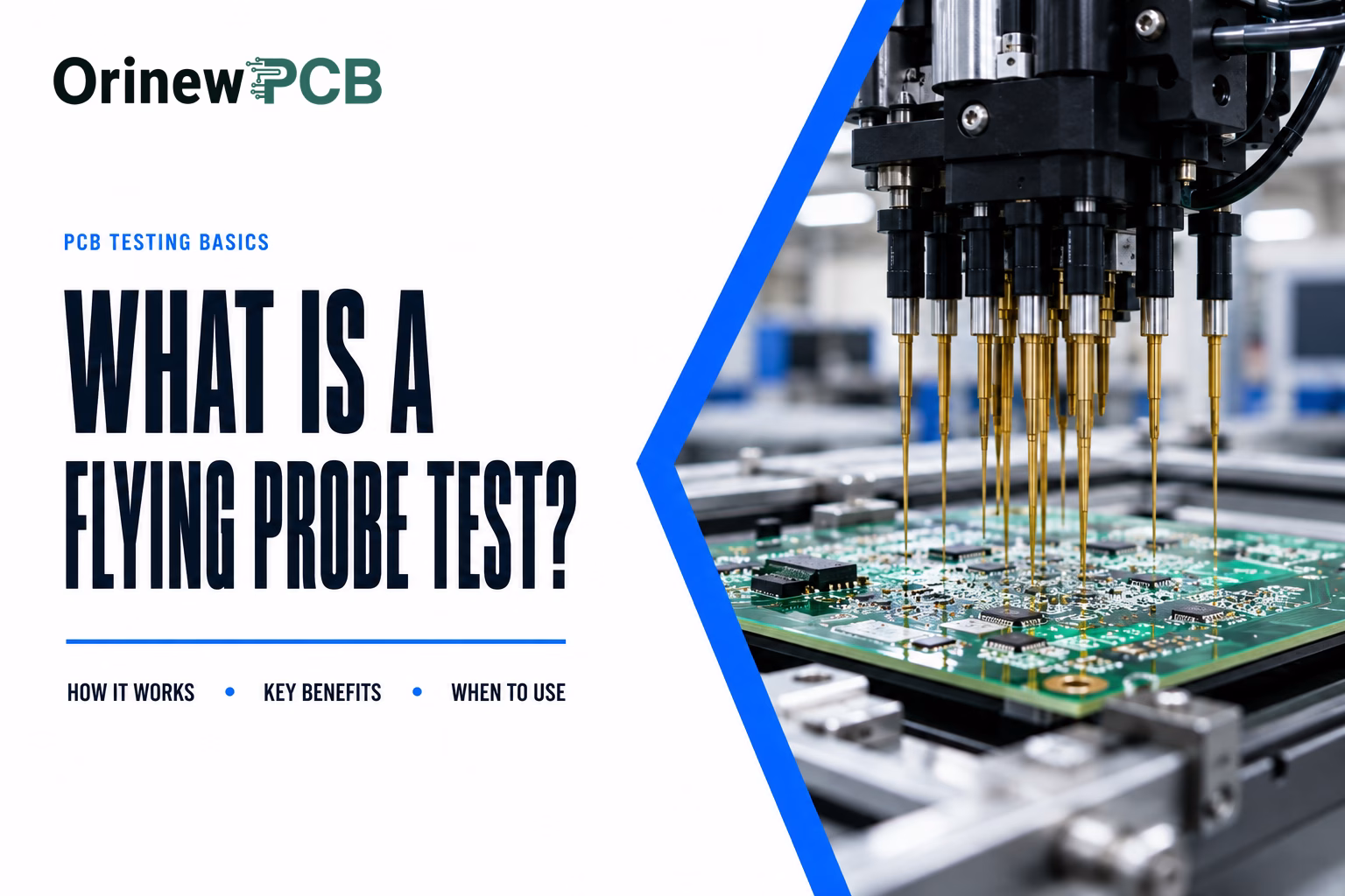 Orinew PCB banner with the bold title 'What is a Flying Probe Test?' and blue accents, showing robotic probes testing a green circuit board on the right.