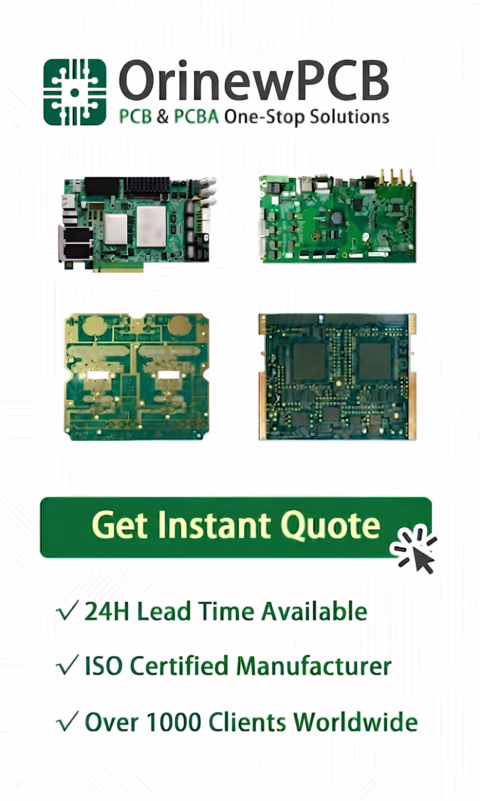 OrinewPCB logo with the text 'PCB & PCBA One-Stop Solutions' and four green circuit boards shown below on a white background