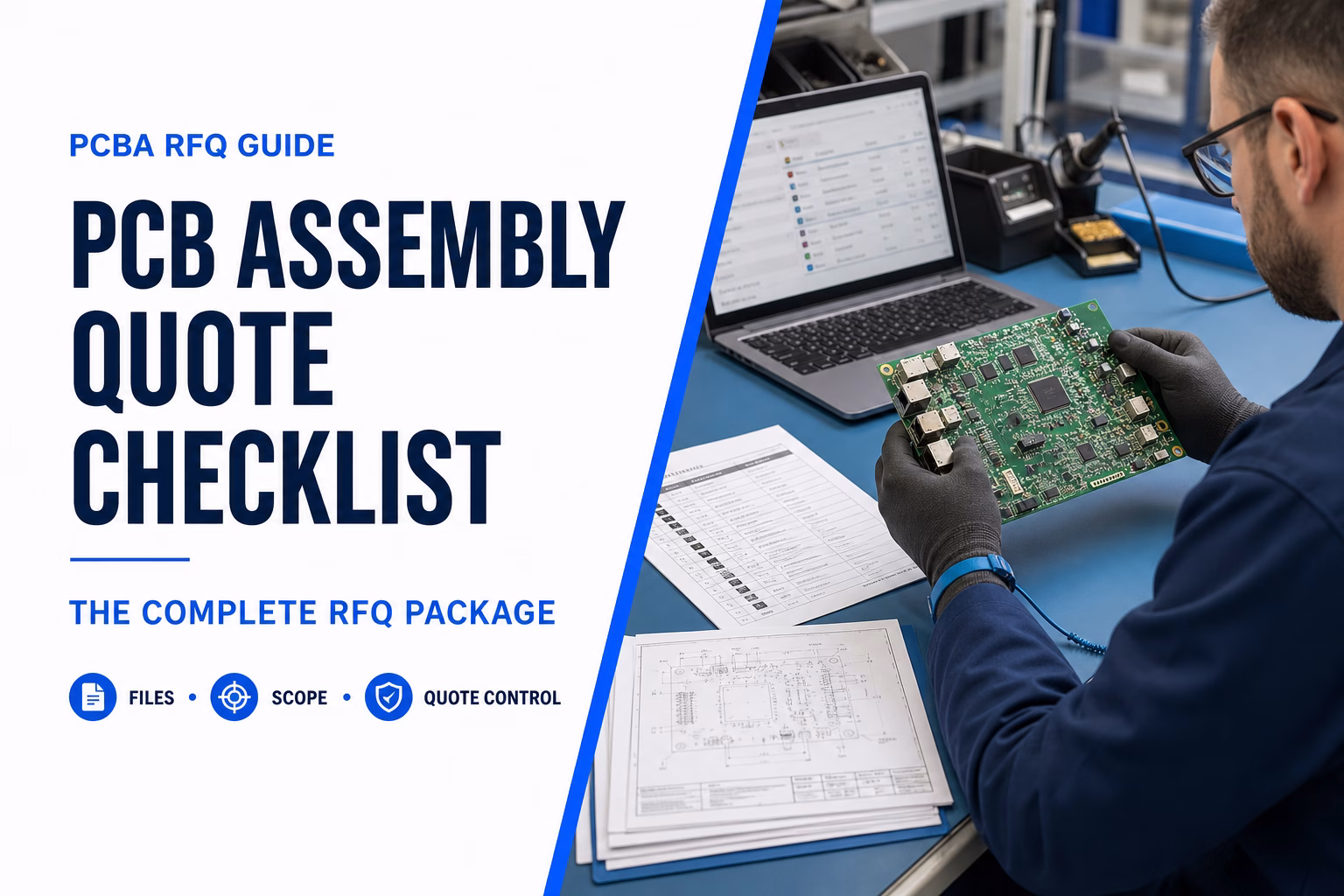 pcb-assembly-quote-checklist-featured Cover image for a PCB assembly RFQ guide showing a technician inspecting a circuit board beside a laptop.