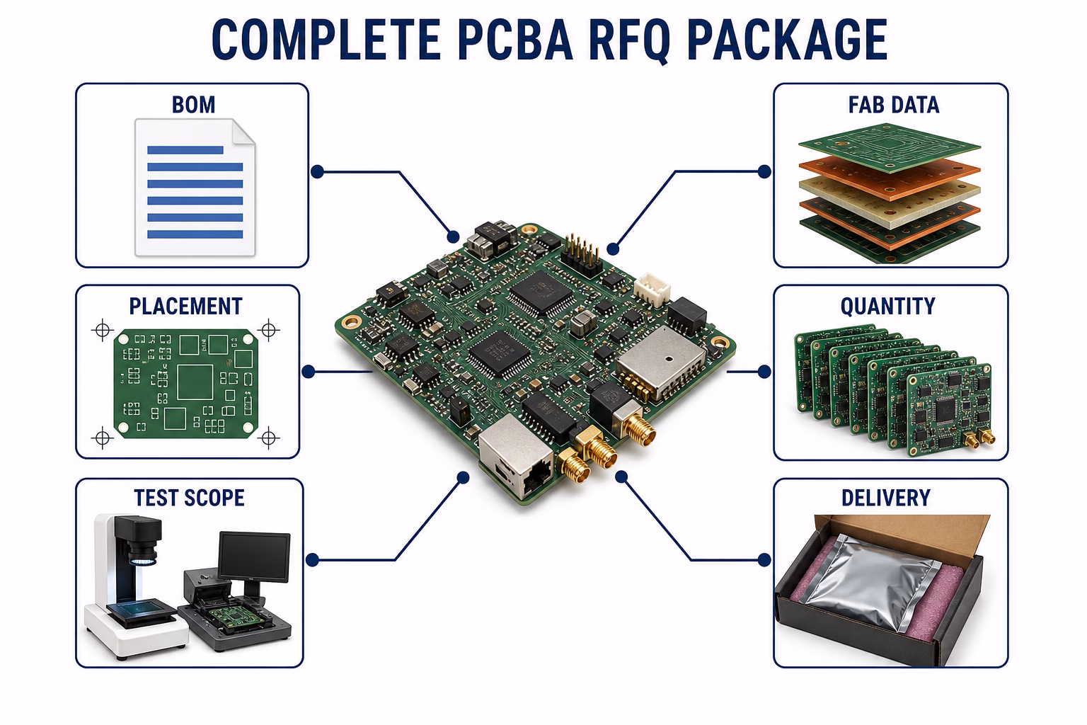 Diagram of a central PCB connected to six labeled RFQ package elements: BOM, Fab Data, Placement, Quantity, Test Scope, Delivery.
