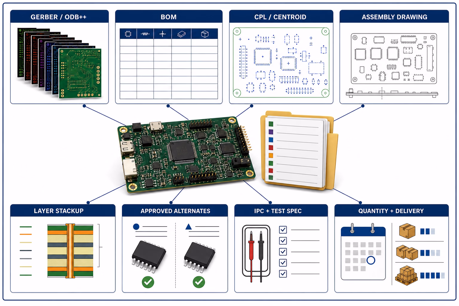 Infographic of PCB manufacturing workflow with a central circuit board and eight labeled panels: Gerber/ODB++, BOM, CPL/Centroid, Assembly Drawing, Layer Stackup, Approved Alternates, IPC + Test Spec, Quantity & Delivery.