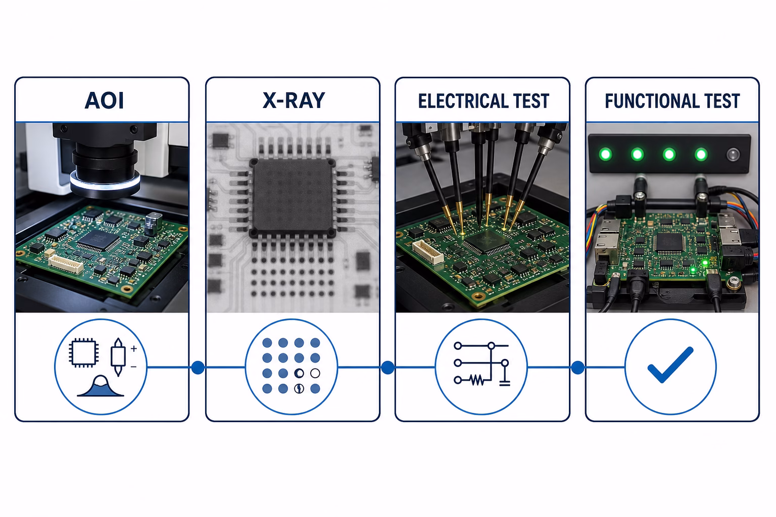 AOI panel: PCB under microscope with ring light for automated optical inspection in a testing workflow