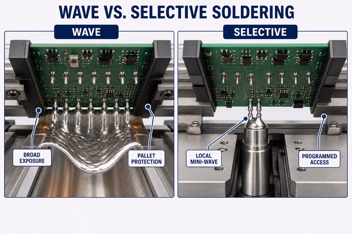 Infographic: Wave vs. selective soldering. Left shows wave soldering with broad exposure and pallet protection; right shows selective soldering with local mini-wave and programmed access.