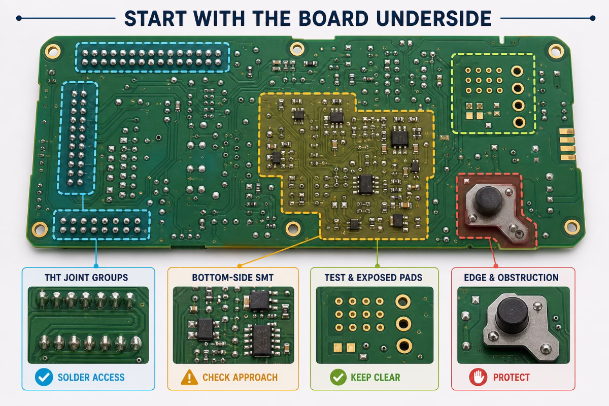 Infographic showing underside of a circuit board with four highlighted zones: THT joint groups, bottom-side SMT, test/exposed pads, and edge/obstruction, plus callouts and captions.