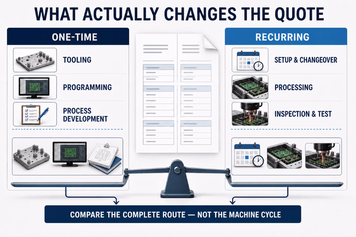 Infographic showing a balance scale comparing One-Time vs Recurring project costs with items like tooling, programming, and process development on left and setup, processing, and inspection on right; caption urges comparing the complete route.