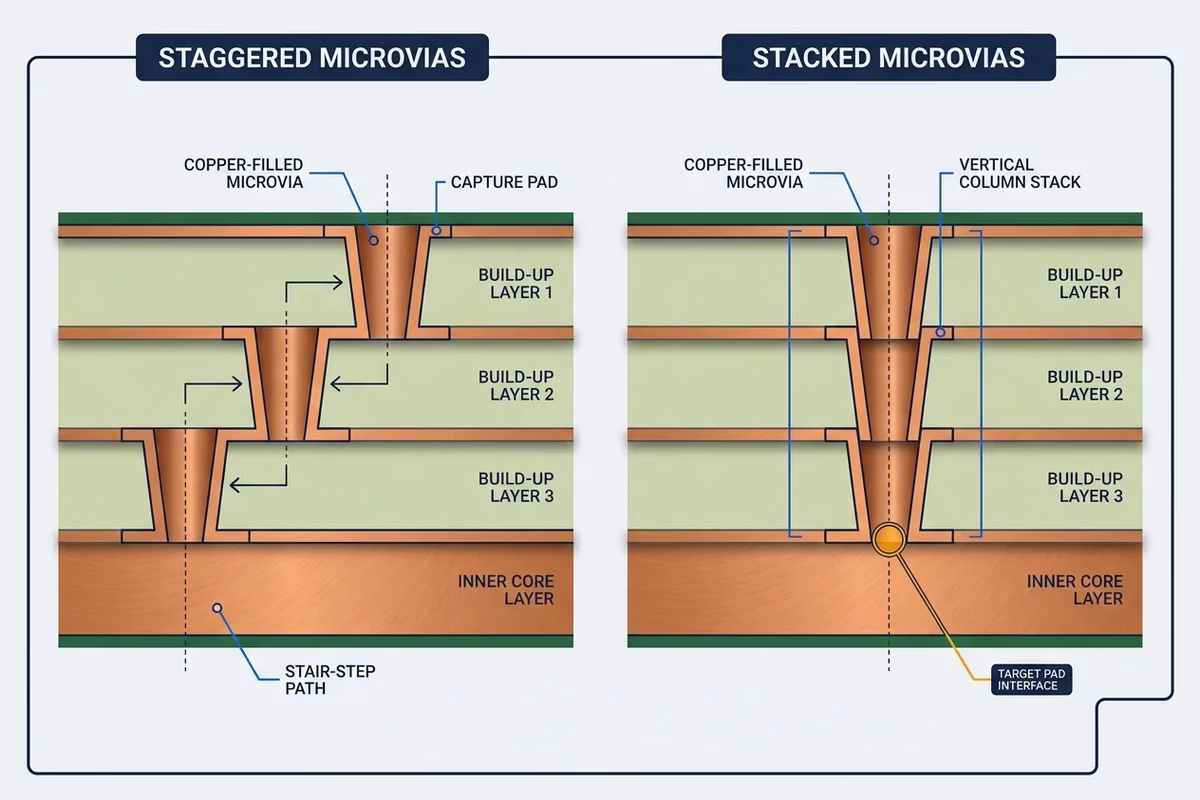 Cross-section comparing staggered and stacked copper-filled microvias, marking the target pad interface in the stack