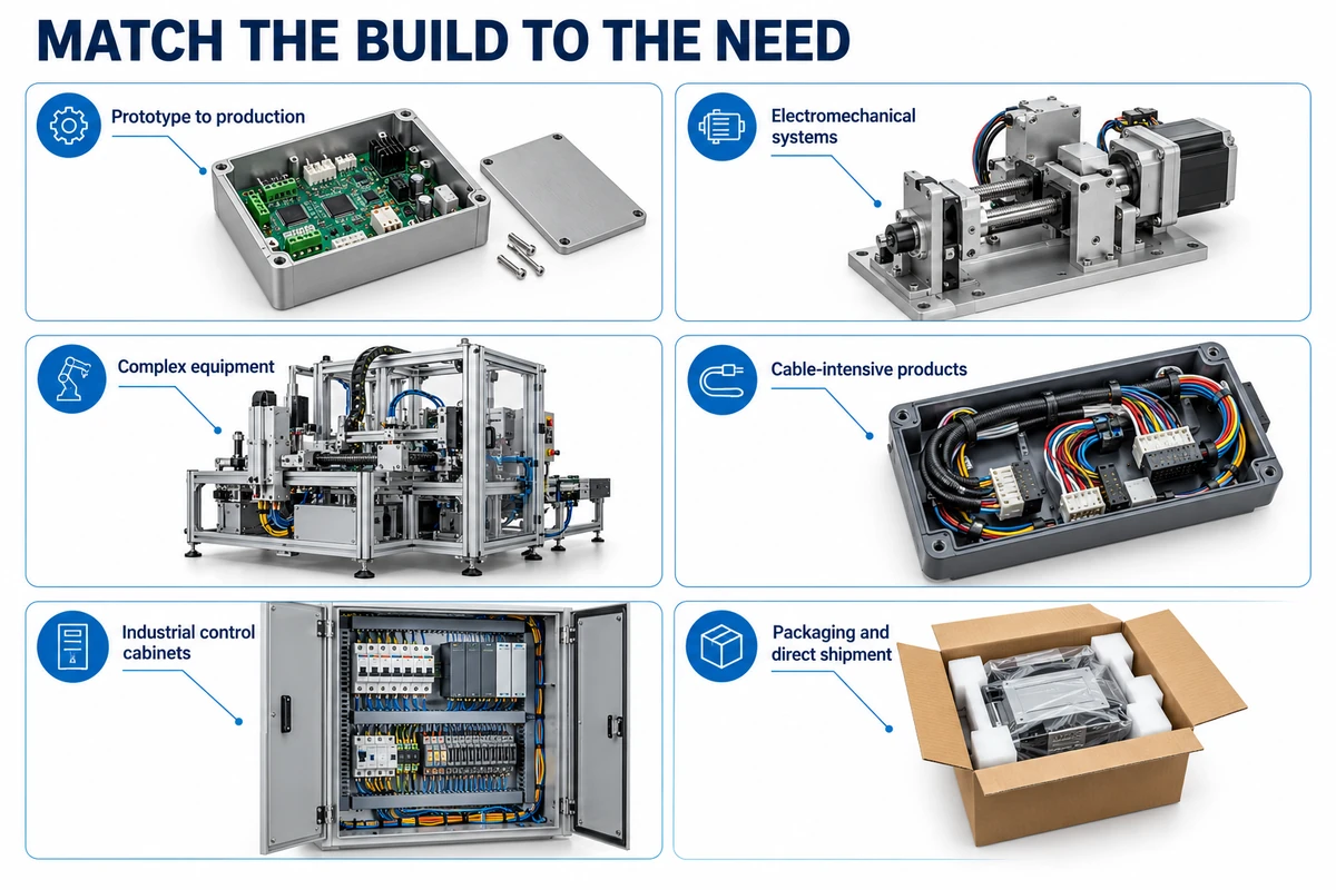 Six box build applications, from prototype electronics and cable-intensive devices to industrial cabinets and pack-out.