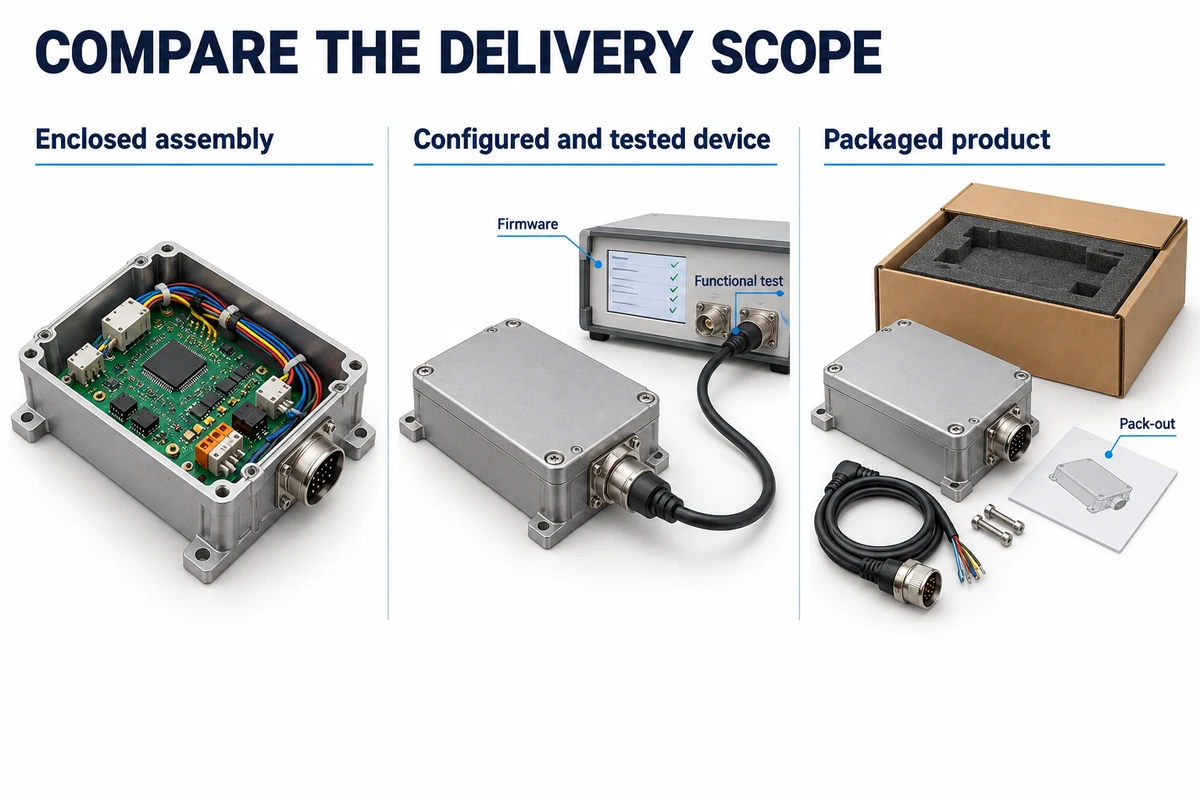 Comparison of an enclosed assembly, a configured and tested device, and a packaged product with accessories.