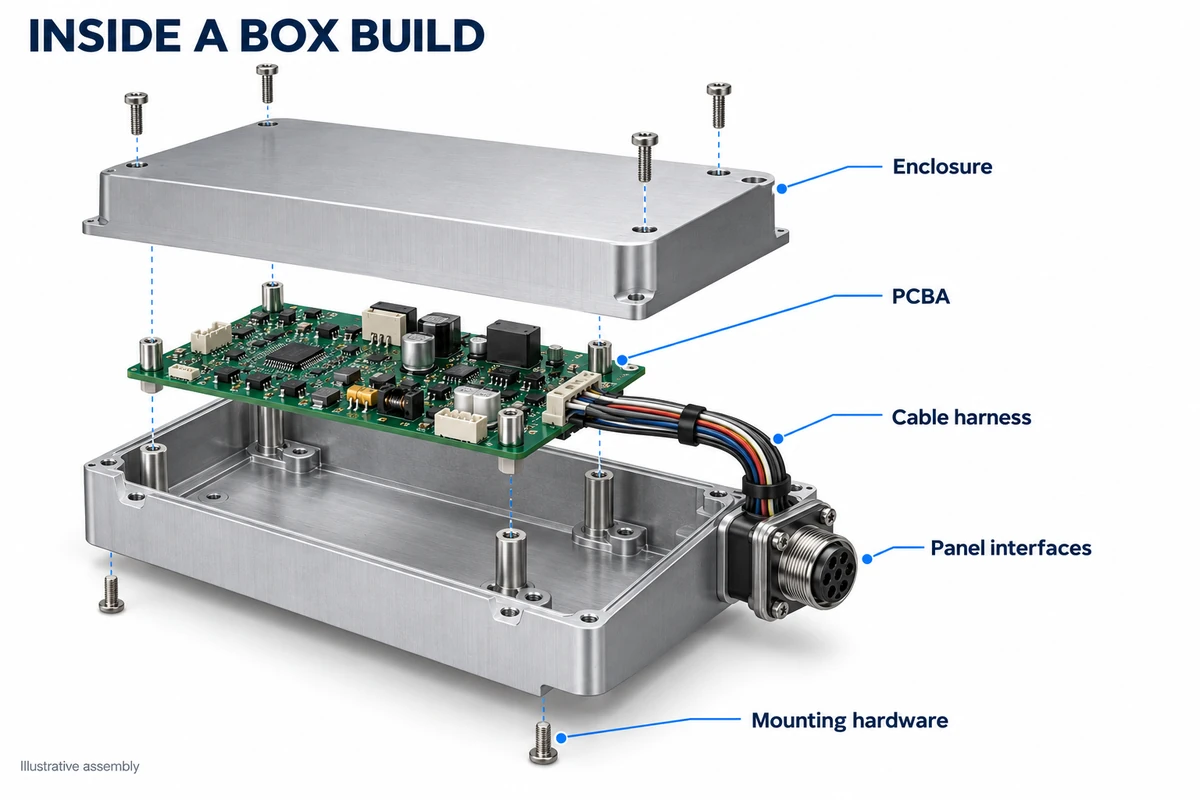 Exploded controller assembly showing enclosure, populated circuit board, cable harness, panel connector and mounting hardware.