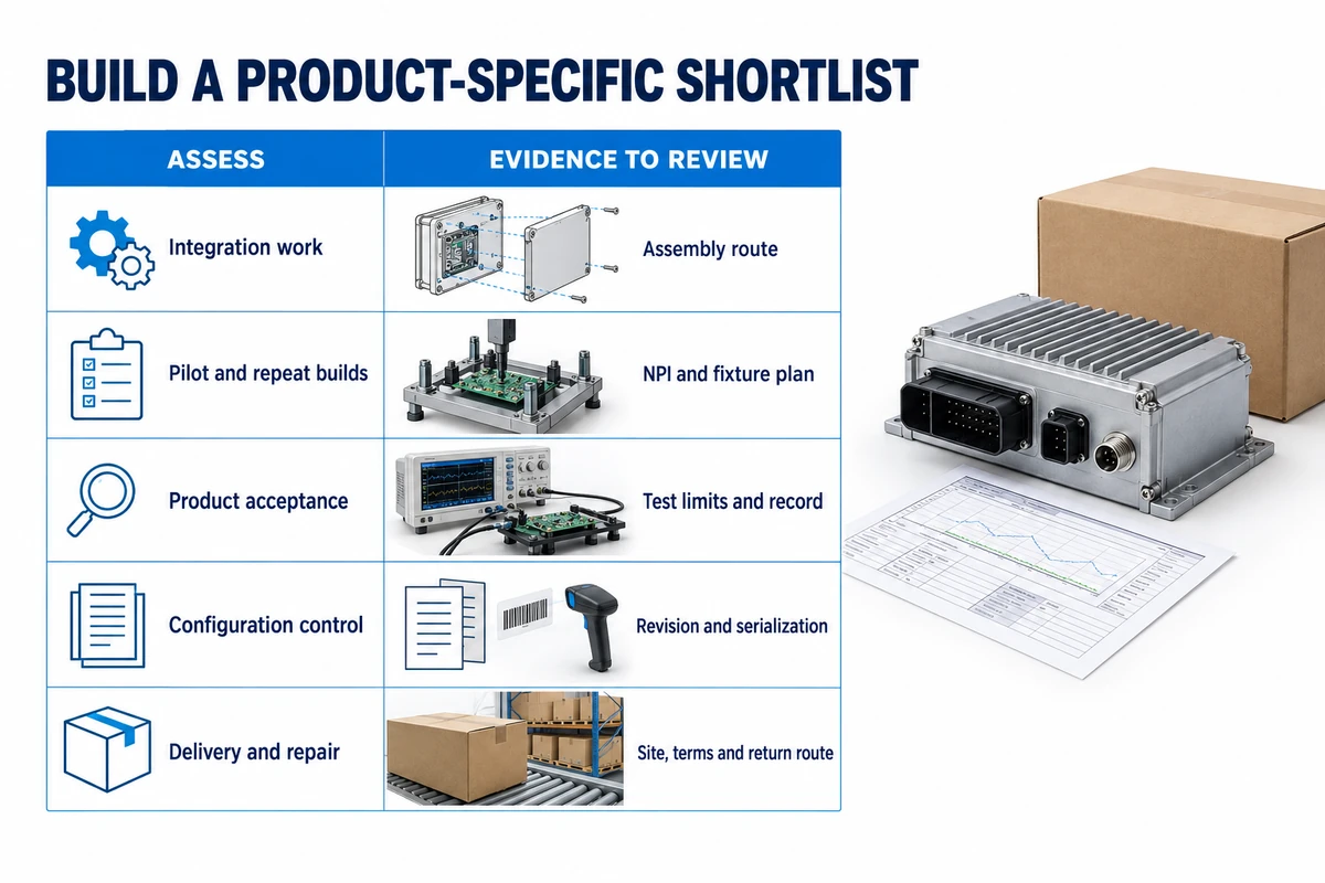 Five shortlist criteria paired with assembly, NPI, test, configuration control, delivery and repair evidence.