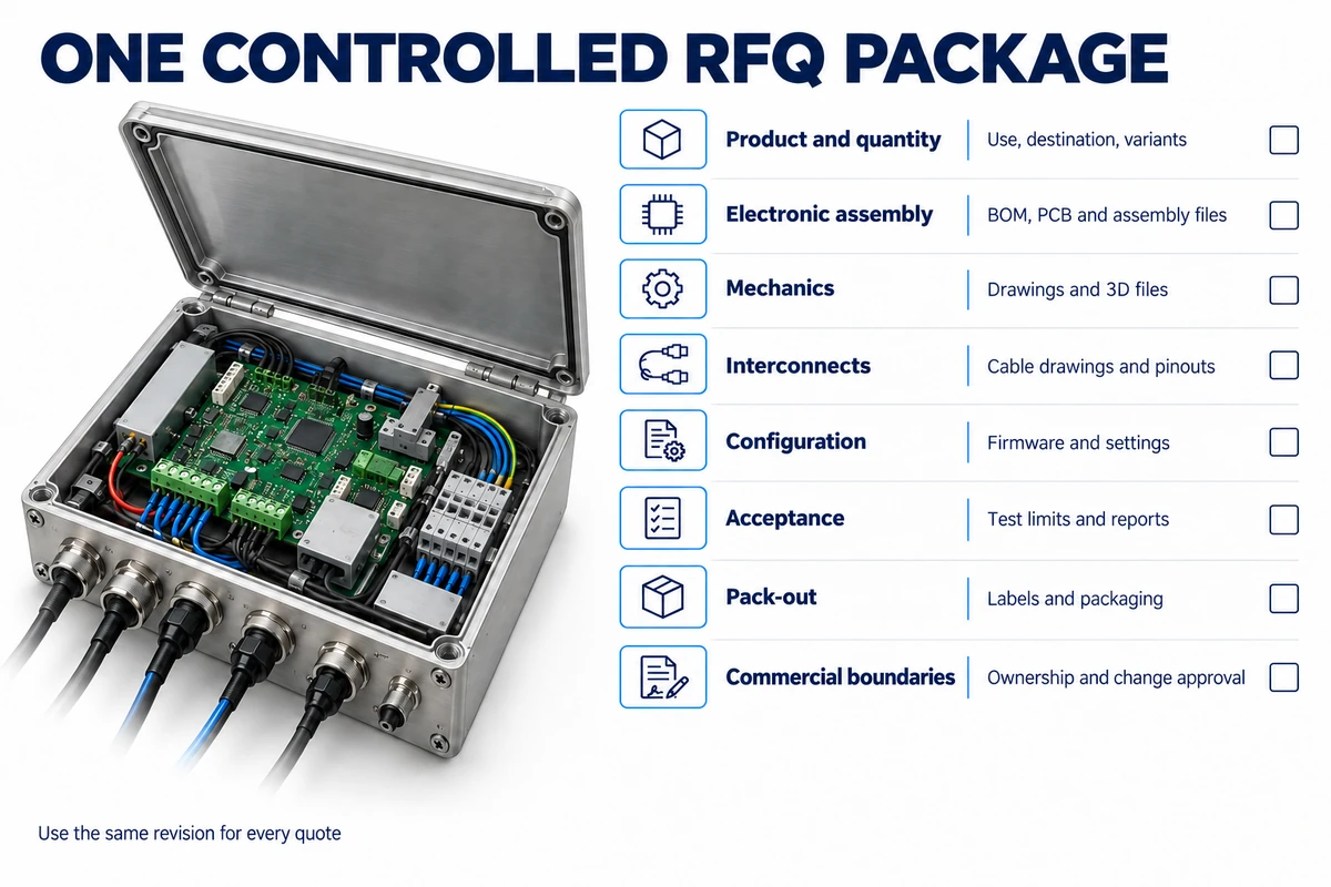 Eight RFQ information categories covering electronics, mechanics, wiring, configuration, testing, pack-out and commercial boundaries.