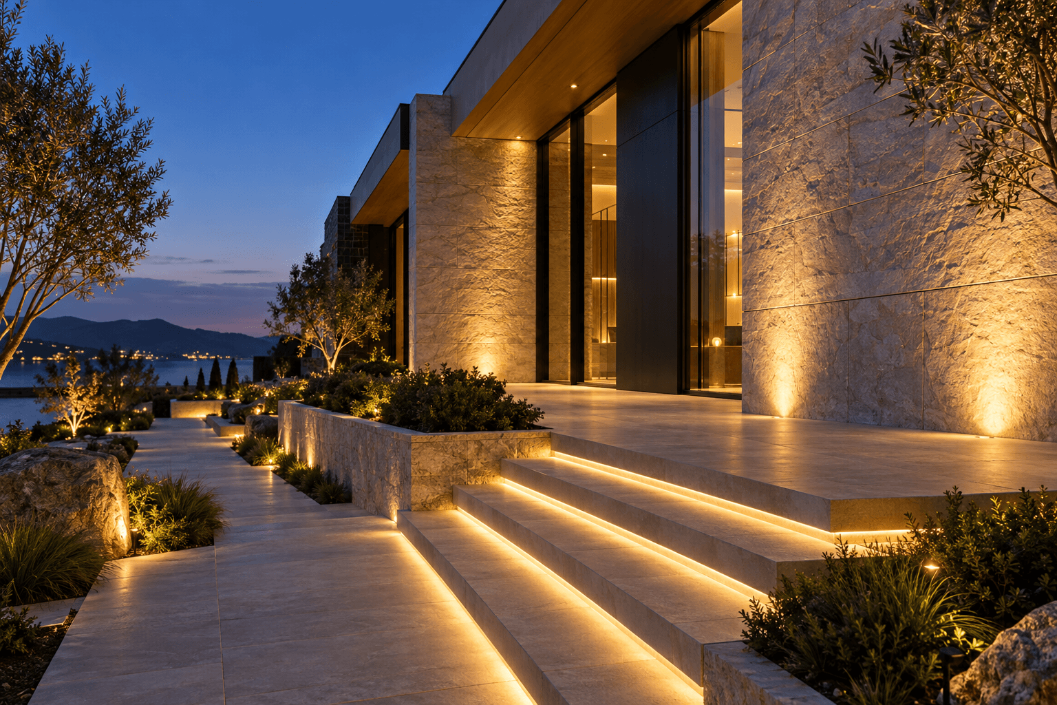 Building facade and steps illuminated by LED wall washers and linear lights