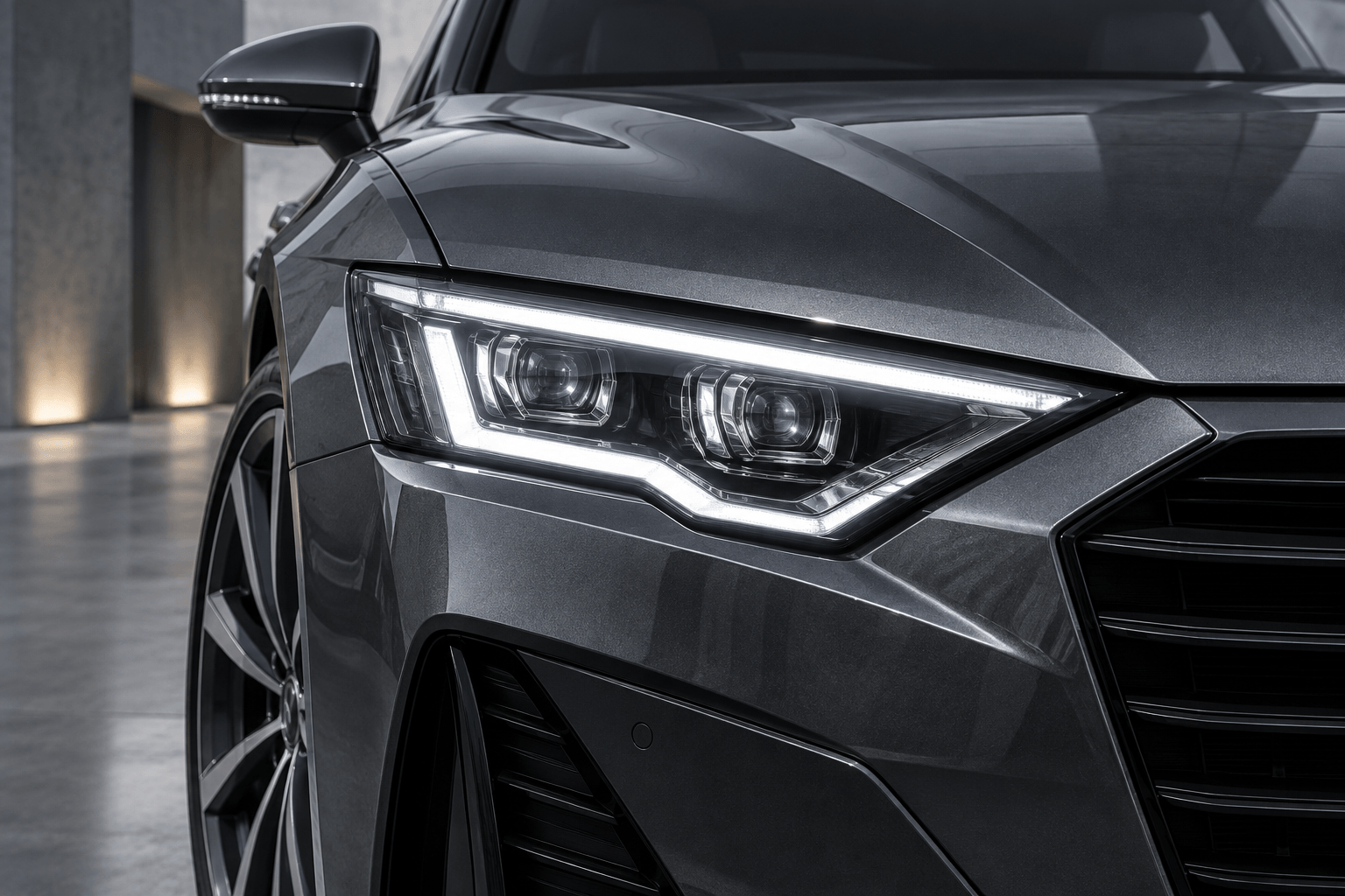 Close-up of automotive LED headlights and daytime running lights